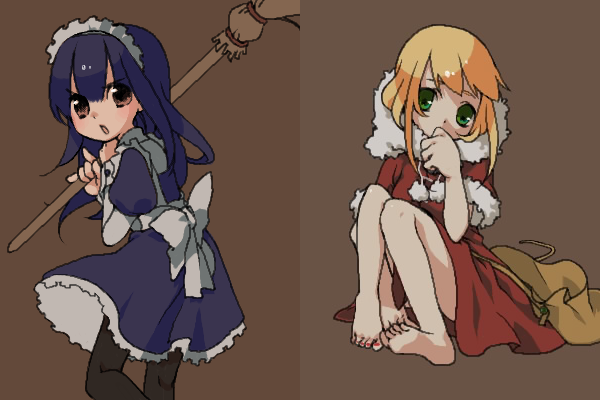2girls alice_(ragnarok_online) angry bad_id bad_pixiv_id barefoot blonde_hair blue_hair broom brown_eyes chepet coat dress feet fur green_eyes head_tilt iruha long_hair looking_back maid maid_headdress multiple_girls nail_polish pantyhose ragnarok_online ribbon sitting toenail_polish toenails