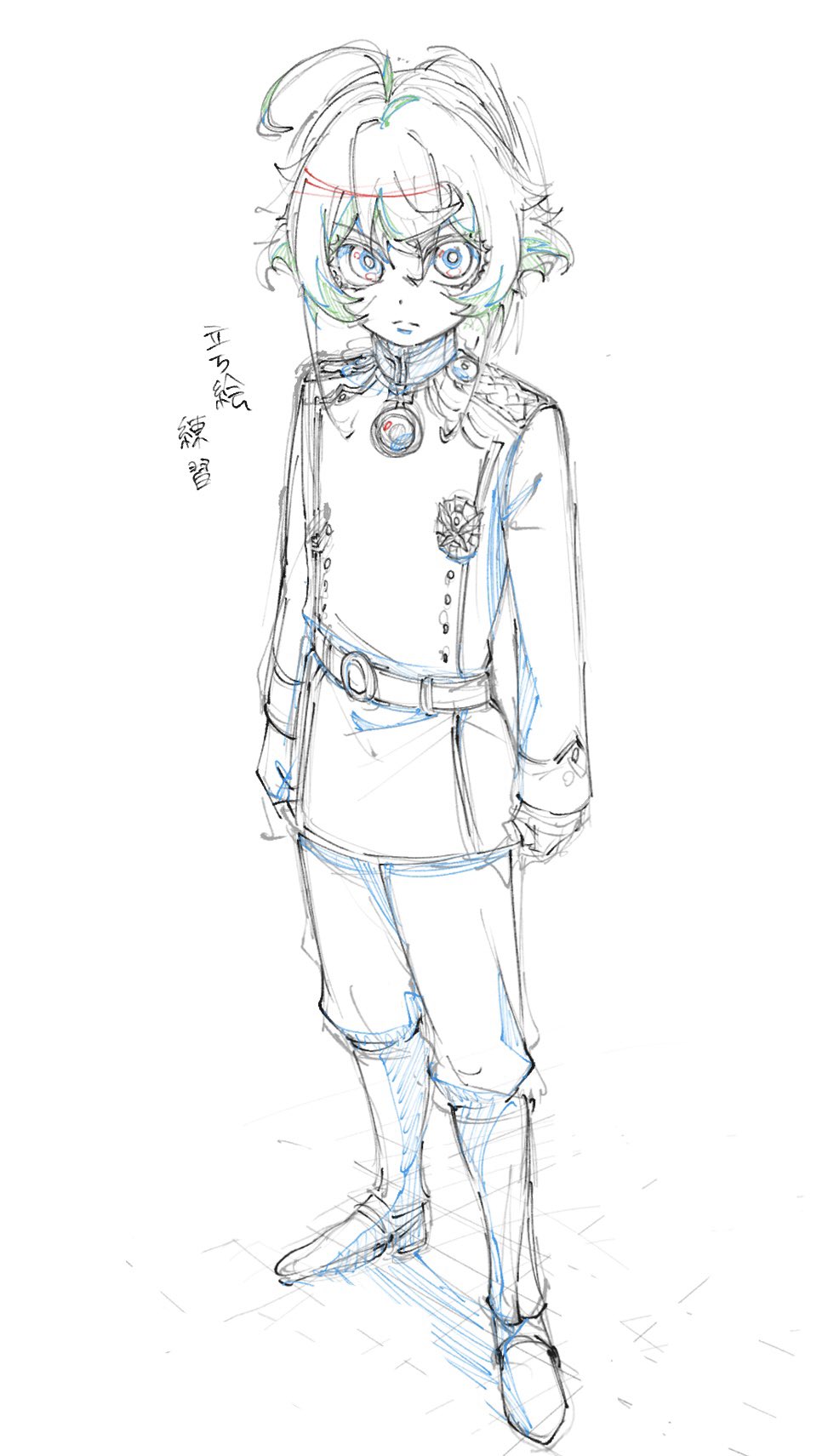 1girl ahoge belt boots collared_jacket cross epaulettes expressionless greyscale highres iron_cross jacket long_hair long_sleeves looking_at_viewer medal messy_hair military military_uniform monochrome mp100nm_wolf pants ponytail sidelocks sketch solo tanya_degurechaff youjo_senki