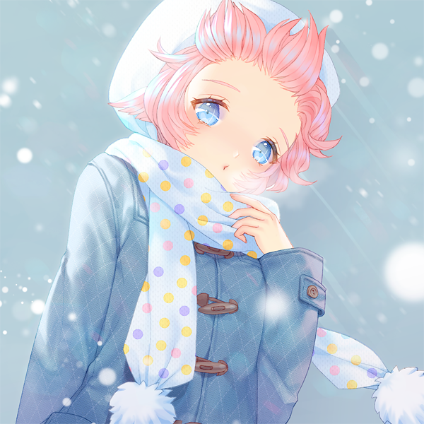 1girl blue_eyes blurry breath buttons coat female_focus hat long_sleeves looking_at_viewer original pink_hair polka_dot pom_pom_(clothes) saban scarf short_hair snowing solo upper_body wind