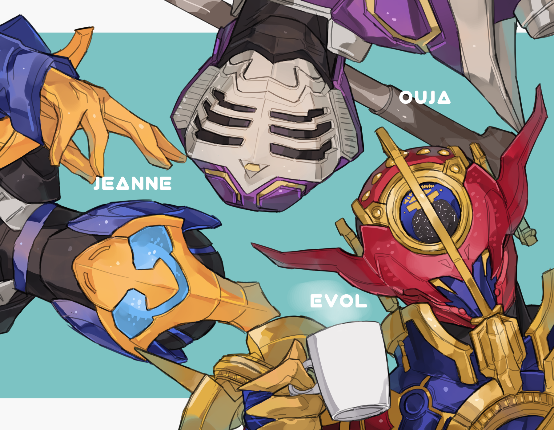 1girl 2boys armor bbbb_fex blue_eyes cobra_(animal) coffee_mug cup gloves highres kamen_rider kamen_rider_build_(series) kamen_rider_evol kamen_rider_jeanne kamen_rider_ouja kamen_rider_revice kamen_rider_ryuki_(series) mug multiple_boys orange_armor orange_gloves purple_armor red_armor staff trait_connection