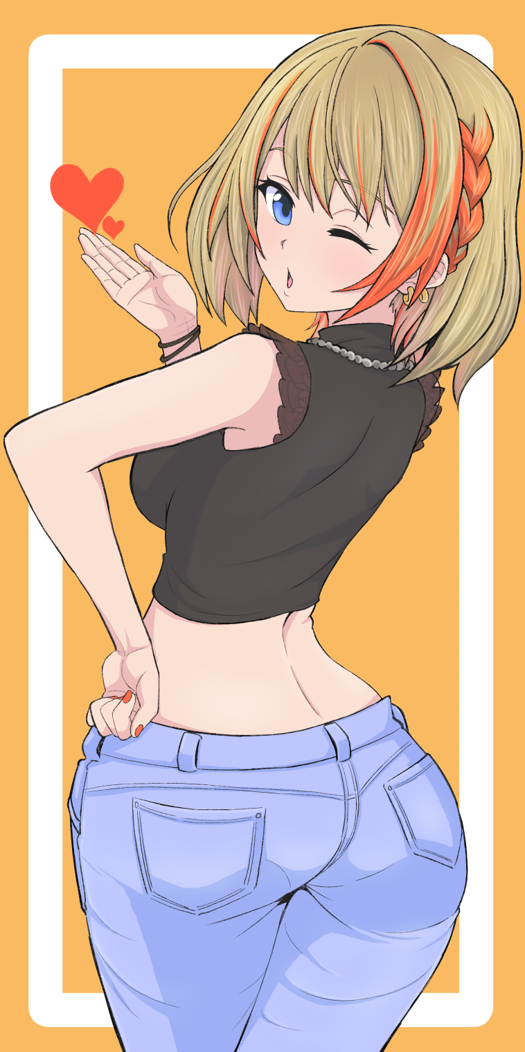 1girl ass back black_shirt blowing_kiss blue_eyes blue_pants blush braid breasts commentary cowboy_shot denim earrings fingernails heart highres jeans jewelry k_waremono lace lace-trimmed_shirt lace_trim light_brown_hair looking_at_viewer looking_back medium_breasts multicolored_hair multiple_earrings nanashi_inc. necklace official_alternate_costume one_eye_closed open_mouth orange_background orange_hair orange_nails pants shirt short_hair sleeveless sleeveless_shirt solo symbol-only_commentary touri_sei touri_sei_(2nd_costume) two-tone_hair virtual_youtuber