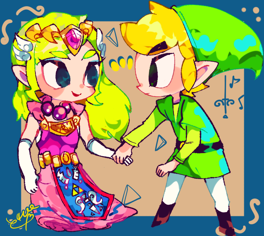 1boy 1girl black_eyes blonde_hair blue_eyes dress gloves jewelry link long_dress long_hair male_focus multiple_boys necklace nintendo pink_dress pointy_ears princess_zelda repikinoko short_hair smile the_legend_of_zelda the_legend_of_zelda:_the_wind_waker tiara toon_link toon_zelda tunic