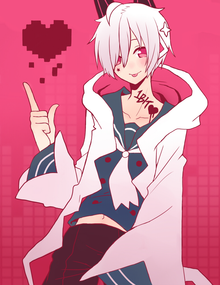 1bitheart 1boy animal_ears black_pants blue_shirt blush copyright_name facial_mark fake_animal_ears hair_ornament headphones heart hood hood_down hoodie long_sleeves male_focus monotsuki nanase_yoshi pants pink_eyes pixel_art rabbit_ears sailor_collar shirt short_hair solo star_(symbol) star_facial_mark star_hair_ornament tongue tongue_out white_hair white_hoodie white_sailor_collar
