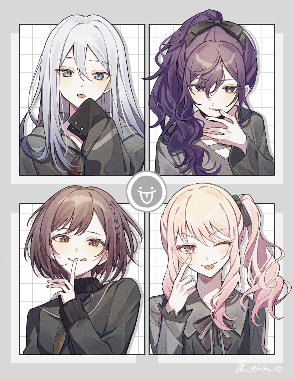1other 25-ji_nightcord_de._(project_sekai) 3girls :p :q akanbe akiyama_mizuki asahina_mafuyu black_dress black_ribbon blue_eyes blush bob_cut bow bowtie braid brown_bow brown_bowtie brown_eyes brown_hair brown_neckerchief collared_dress column_lineup commentary dot_nose dress eyelid_pull finger_to_eye finger_to_mouth gradient_clothes gradient_dress grey_dress grid_background hair_between_eyes hair_over_shoulder hair_ribbon hand_up high_collar high_ponytail highres hood hood_down hooded_dress kikutouji long_hair long_sleeves looking_at_viewer multiple_girls neckerchief one_eye_closed pink_eyes pink_hair ponytail portrait project_sekai purple_eyes purple_hair ribbon shinonome_ena short_hair side_braid side_ponytail sidelocks sleeves_past_fingers sleeves_past_wrists straight_hair swept_bangs tongue tongue_out twitter_username white_hair wide_sleeves yoisaki_kanade