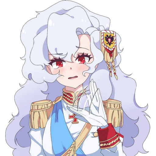 1girl aiguillette alpha_(alpha_1918) armband blue_sash buttons collar cross cross_pendant epaulettes findoworld fluffy fluffy_hair gloves gold_buttons gold_trim hair_between_eyes hair_ornament lips long_hair looking_at_viewer military military_uniform open_mouth original pink_lips red_eyes red_sleeve_cuffs russian_empire sash sleeve_cuffs solo sticker transparent transparent_background very_long_hair waving white_gloves white_hair worried