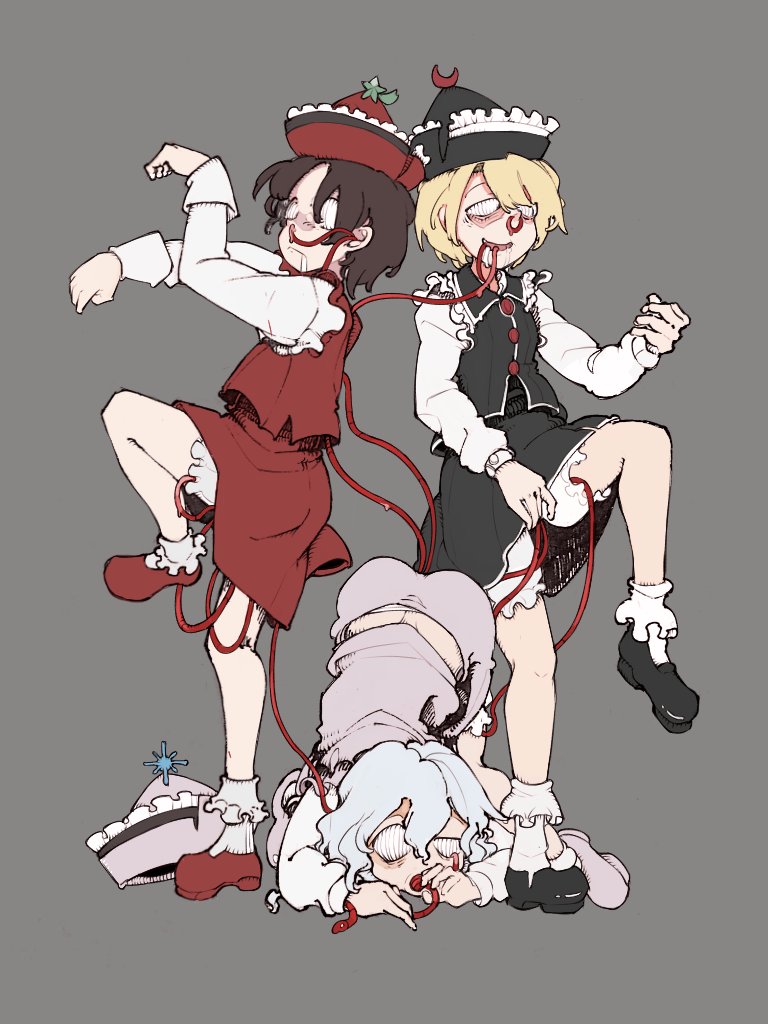 3girls all_fours back black_footwear black_hat black_skirt black_vest blonde_hair bloomers blue_hair bolos brown_hair cable collared_vest commentary crescent crescent_hat_ornament drooling frilled_headwear frilled_socks frilled_vest frills full_body grey_background hair_between_eyes hat hat_ornament leg_up long_sleeves lunasa_prismriver lyrica_prismriver mary_janes merlin_prismriver miniskirt mouth_hold multiple_girls no_pupils open_mouth paw_pose pink_hat pink_shoes pink_skirt pink_vest red_footwear red_hat red_skirt red_vest shirt shoes short_hair simple_background skirt skirt_set smile socks standing star_(symbol) star_hat_ornament sun_hat_ornament top-down_bottom-up touhou underwear unworn_hat unworn_headwear vest white_bloomers white_shirt white_socks zombification