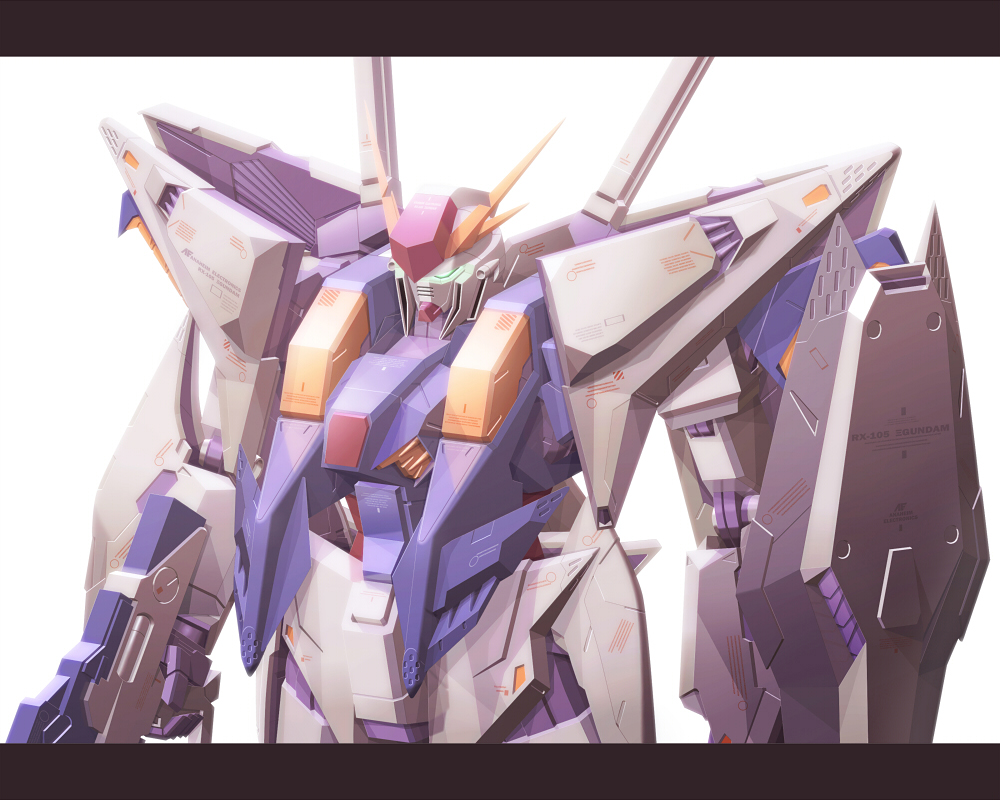 beam_rifle energy_gun gun gundam gundam_hathaway&#039;s_flash letterboxed mecha no_humans reigan robot rx-105_xi_gundam shield simple_background solo weapon xi_gundam