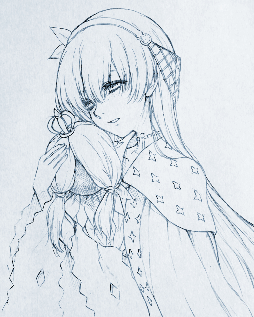 1girl anastasia_(fate) doll expressionless fate/grand_order fate_(series) haruhito_(divineshalt) holding holding_doll lineart long_hair monochrome parted_lips robe solo traditional_media viy_(fate)