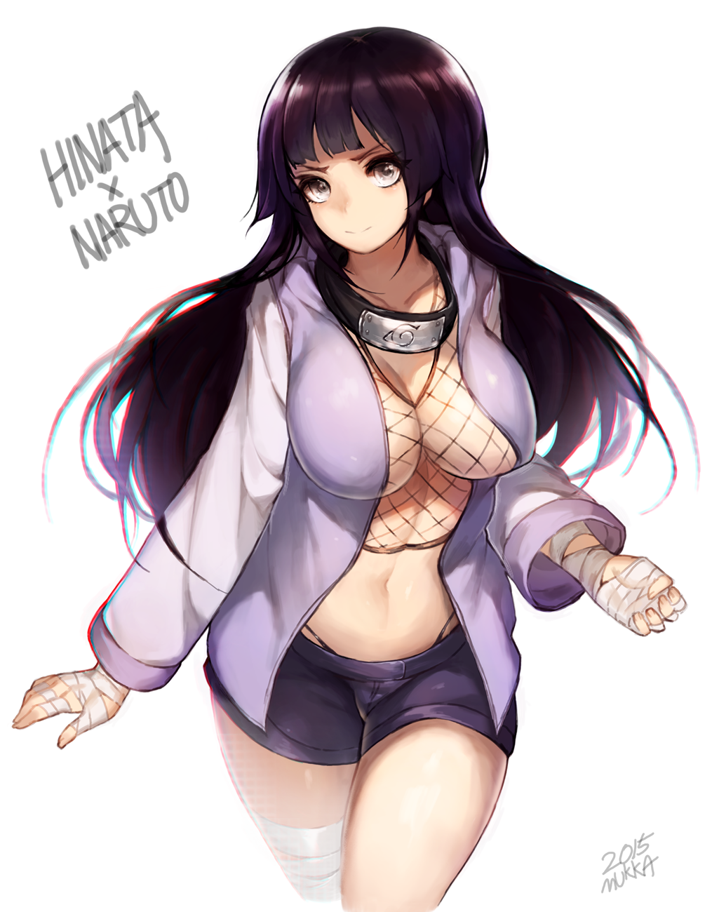 10s 1girl 2015 ankle_wrap artist_name black_hair breasts character_name chromatic_aberration cleavage copyright_name curvy dated female_focus fishnets grey_eyes highres hime_cut hood hoodie hyuuga_hinata jacket large_breasts long_hair looking_at_viewer midriff mukka naruto:_road_to_ninja naruto_(classic) naruto_(series) naruto_shippuuden navel open_clothes open_jacket purple_eyes purple_hair short_shorts shorts smile solo thong white_eyes wide_hips wrist_wrap