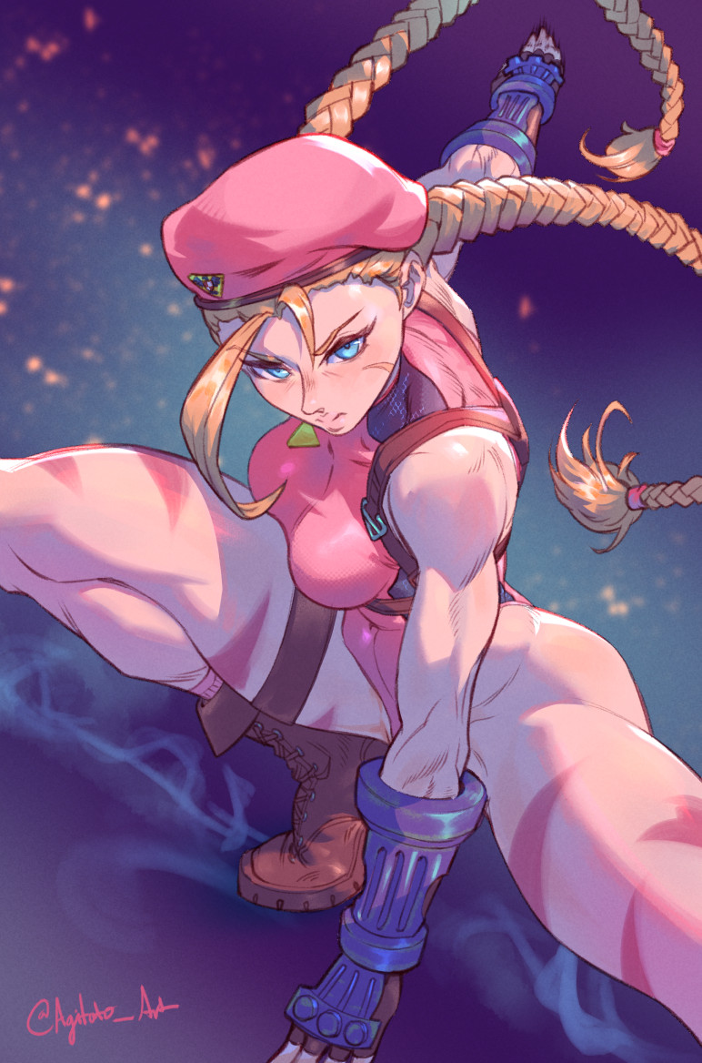 1girl agitato alternate_color beret blonde_hair blue_eyes bodypaint boots bracer braid breasts brown_boots cammy_white evolution_championship_series facial_scar fingerless_gloves gloves hat knee_up large_breasts leotard long_braid long_hair looking_at_viewer outstretched_hand pink_hat pink_leotard scar scar_on_cheek scar_on_face single_bang solo split spread_legs squatting street_fighter street_fighter_6 street_fighter_ii_(series) thigh_strap thighs thong_leotard twin_braids v-shaped_eyebrows wide_spread_legs
