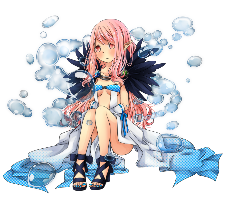 1girl black_sandals blue_dress blue_nails blush breasts bubble closed_mouth commentary_request detached_sleeves dress frown full_body fur_collar gradient_clothes gradient_dress long_hair looking_at_viewer medium_breasts meiko_(nattu303) pink_eyes pink_hair pointy_ears ragnarok_online ribbon-trimmed_sleeves ribbon_trim sandals simple_background sitting sleeveless sleeveless_dress solo sorcerer_(ragnarok_online) toenails water white_background white_dress white_sleeves