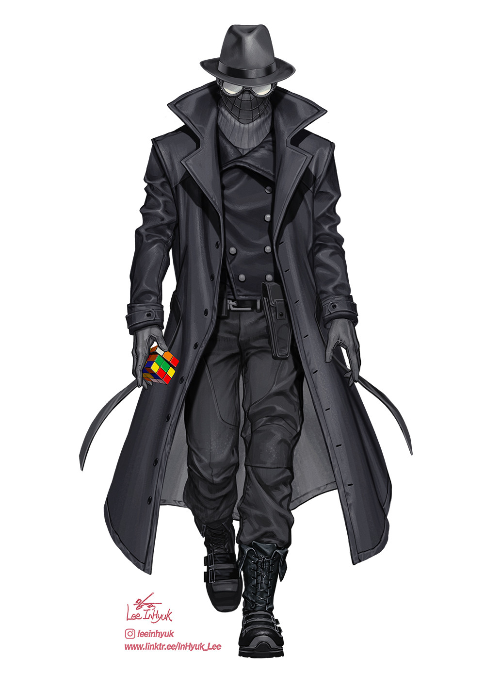 1boy artist_name black_boots black_coat black_gloves black_hat black_mask black_pants black_sweater black_vest boots coat fedora full_body gloves goggles hat highres in-hyuk_lee instagram_logo instagram_username leather_vest long_coat looking_at_viewer male_focus marvel open_clothes open_coat pants ribbed_sweater rubik&#039;s_cube signature simple_background solo spider-man_(series) spider-man_noir standing sweater trench_coat turtleneck turtleneck_sweater vest watermark web_address white_background