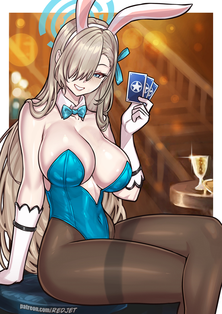 1girl animal_ears asuna_(blue_archive) asuna_(bunny)_(blue_archive) blue_archive blue_bow blue_bowtie blue_eyes blue_leotard bow bowtie breasts brown_pantyhose card covered_navel detached_collar drink fake_animal_ears gloves grin holding holding_card large_breasts leotard light_brown_hair long_hair looking_at_viewer pantyhose playboy_bunny playing_card rabbit_ears redjet smile solo strapless strapless_leotard table teeth thighband_pantyhose very_long_hair white_gloves