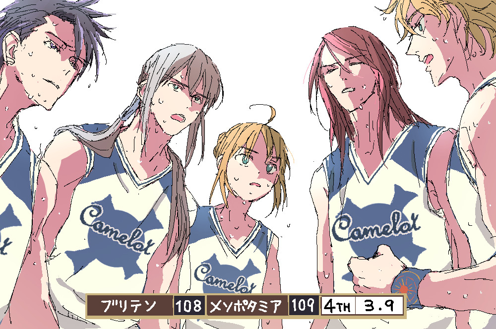 1girl 4boys ahoge artoria_pendragon_(fate) basketball_uniform bedivere_(fate) black_hair blonde_hair closed_eyes commentary_request fate/grand_order fate_(series) gawain_(fate) green_eyes grey_hair hair_tubes knights_of_the_round_table_(fate) lancelot_(fate/grand_order) low_twintails multiple_boys red_hair saber_(fate) sportswear sweat translation_request tristan_(fate) twintails wristband yuyu_fate