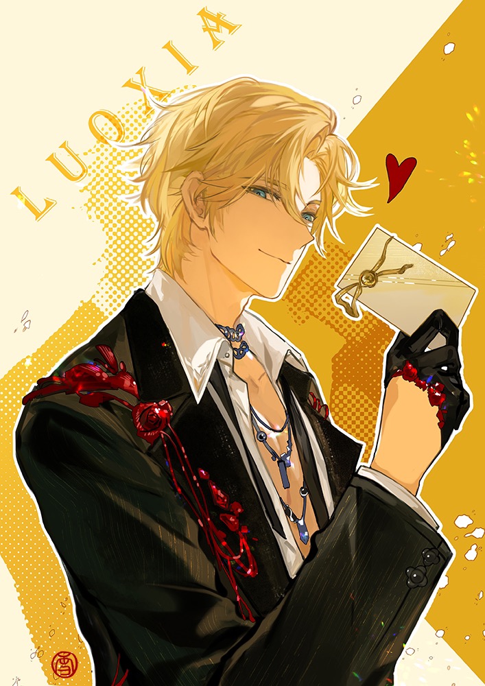 1boy aqua_eyes black_gloves black_jacket black_necktie blonde_hair blue_gemstone chain chain_necklace character_name closed_mouth collared_shirt curtained_hair gem gloves half_gloves heart holding holding_letter jacket jewelry lapels lars_rorschach letter long_sleeves looking_at_viewer lovebrush_chronicles male_focus necklace necktie notched_lapels open_clothes open_jacket outline parted_bangs partially_unbuttoned red_gemstone shirt short_hair sideways_glance smile solo undone_necktie upper_body white_outline white_shirt xuedaixun yellow_background