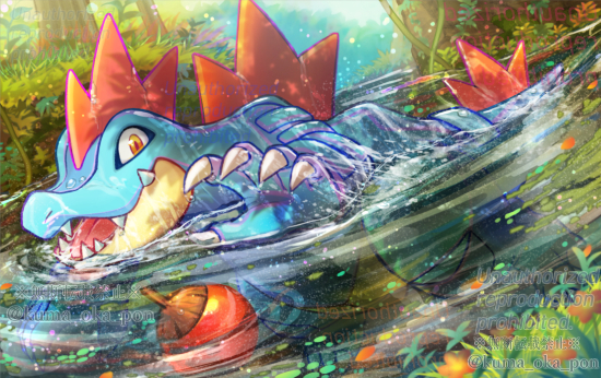 claws day feraligatr gen_2_pokemon grass kumaoka_pon looking_to_the_side mixed-language_commentary nintendo no_humans open_mouth orange_eyes outdoors pokemon pokemon_(creature) ripples solo swimming teeth tongue tree water
