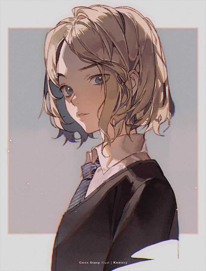 1girl artist_name black_jacket blonde_hair blue_eyes blue_necktie border character_name collared_shirt colored_inner_hair commentary english_commentary grey_background grey_border grey_hair gwen_stacy jacket kawacy lips looking_at_viewer marvel multicolored_hair necktie outside_border shirt short_hair simple_background smile solo spider-man:_into_the_spider-verse spider-man_(series) spider-verse striped_necktie teeth white_shirt