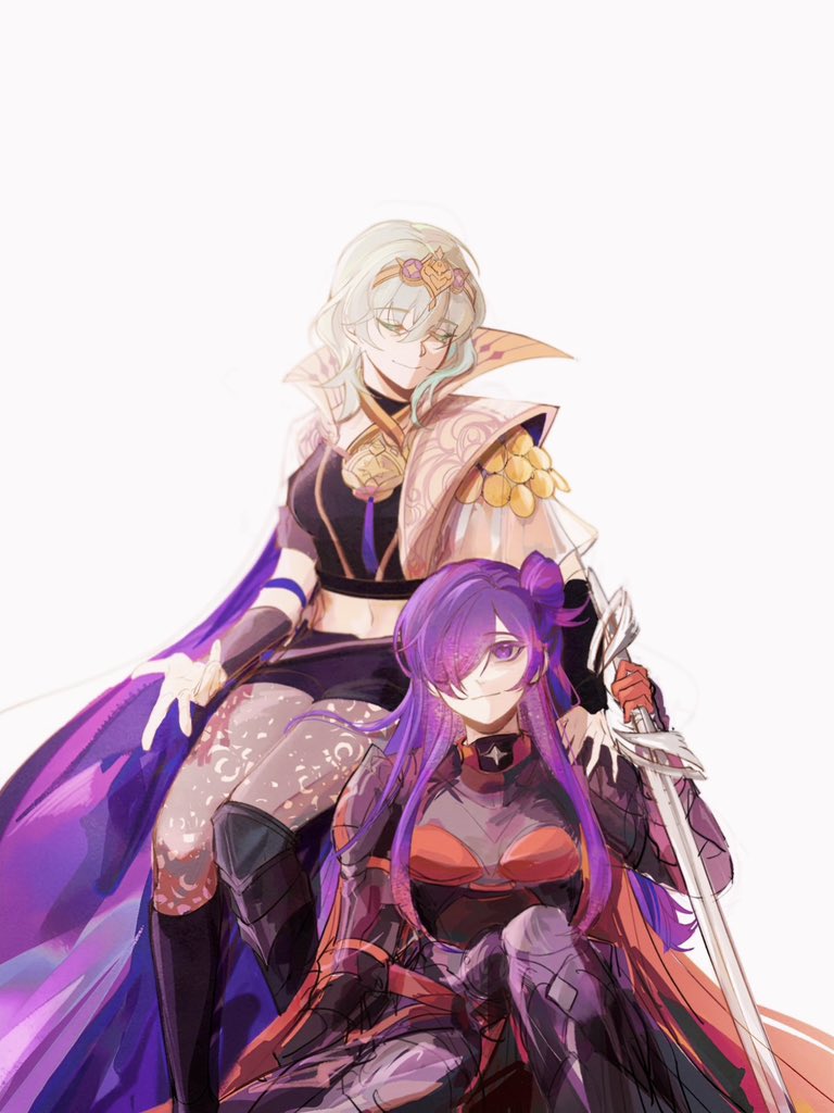 2girls anshango black_shorts brown_pantyhose cape closed_eyes closed_mouth commentary_request female_byleth_(enlightened)_(fire_emblem) female_byleth_(fire_emblem) female_shez_(fire_emblem) fire_emblem fire_emblem:_three_houses fire_emblem_warriors:_three_hopes green_hair hair_bun holding holding_sword holding_weapon midriff multiple_girls navel nintendo one_eye_covered pantyhose purple_cape purple_eyes shorts simple_background single_hair_bun smile sword weapon white_background