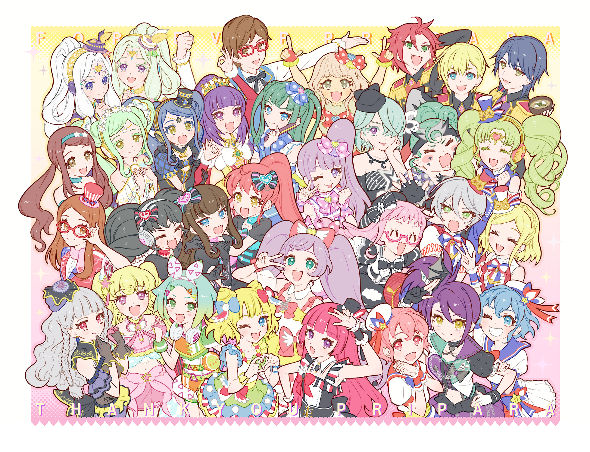 5boys 6+girls akai_meganee akai_meganii black_hair blonde_hair blue_eyes blue_hair bow braid brown_eyes brown_hair character_request closed_eyes dorothy_west earrings ehime_nao everyone falulu fang fingerless_gloves flower food gaaruru_(pripara) garara_s_leep glasses gloves green_eyes green_hair grey_hair hair_bow hair_flower hair_ornament hair_over_one_eye hairband hanazono_shuka hand_fan hat headphones headphones_around_neck highres hojo_cosmo hojo_sophy holding holding_fan holding_hands idol_time_pripara jewelry kiki_ajimi kurosu_aroma manaka_laala manaka_non midorikaze_fuwari minami_mirei mini_hat mini_top_hat mitaka_asahi mole mole_under_eye multicolored_bow multiple_boys multiple_girls nabeshima_chanko nanahoshi_aira navel necklace nijiiro_nino one_eye_closed open_mouth pink-framed_eyewear pink_eyes pink_hair pretty_series pripara purple_eyes purple_hair red-framed_eyewear red_hair renkon_(renrenrenkonkon) reona_west shikyoin_hibiki shiratama_mikan shiratori_anju smile spotted_bow taiyo_pepper takase_koyoi top_hat toudou_shion tsukikawa_chili twintails v white_hair yumekawa_shogo