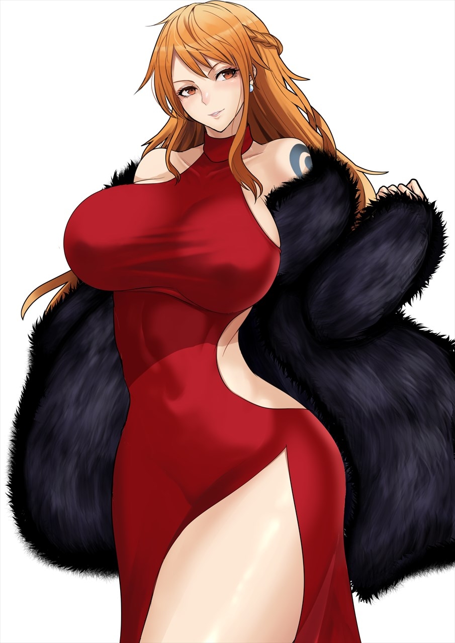 1girl bare_shoulders black_coat braid breasts coat collarbone commentary_request covered_navel cowboy_shot curvy dress earrings fur-trimmed_coat fur_trim half_up_braid highres jewelry kawabata_yoshihiro large_breasts light_blush long_hair looking_at_viewer nami_(one_piece) one_piece orange_eyes orange_hair parted_lips pearl_earrings pink_lips red_dress shoulder_tattoo side_slit sidelocks skin_tight sleeveless sleeveless_dress solo tattoo tight_clothes tight_dress wavy_hair white_background