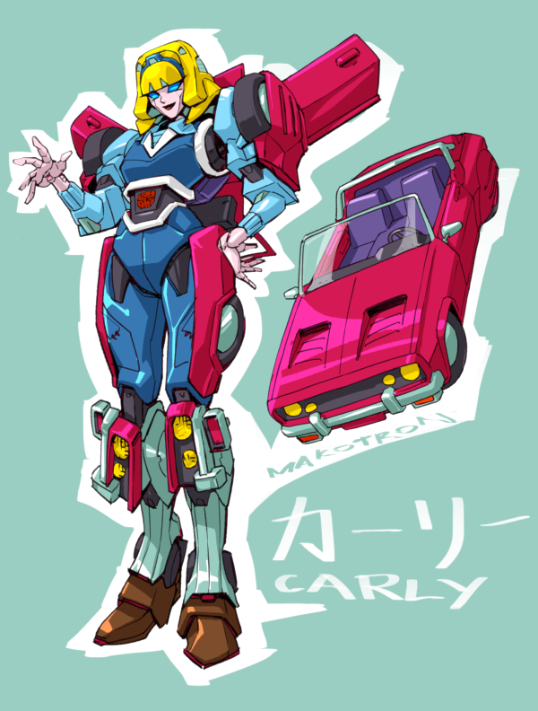 1girl artist_name autobot blue_eyes car carly_(transformers) character_name convertible dodge_(company) dodge_challenger dodge_challenger_(1st_generation) full_body green_background hand_on_own_hip makoto_ono mecha mechanization motor_vehicle muscle_car open_hand robot smile transformers waving