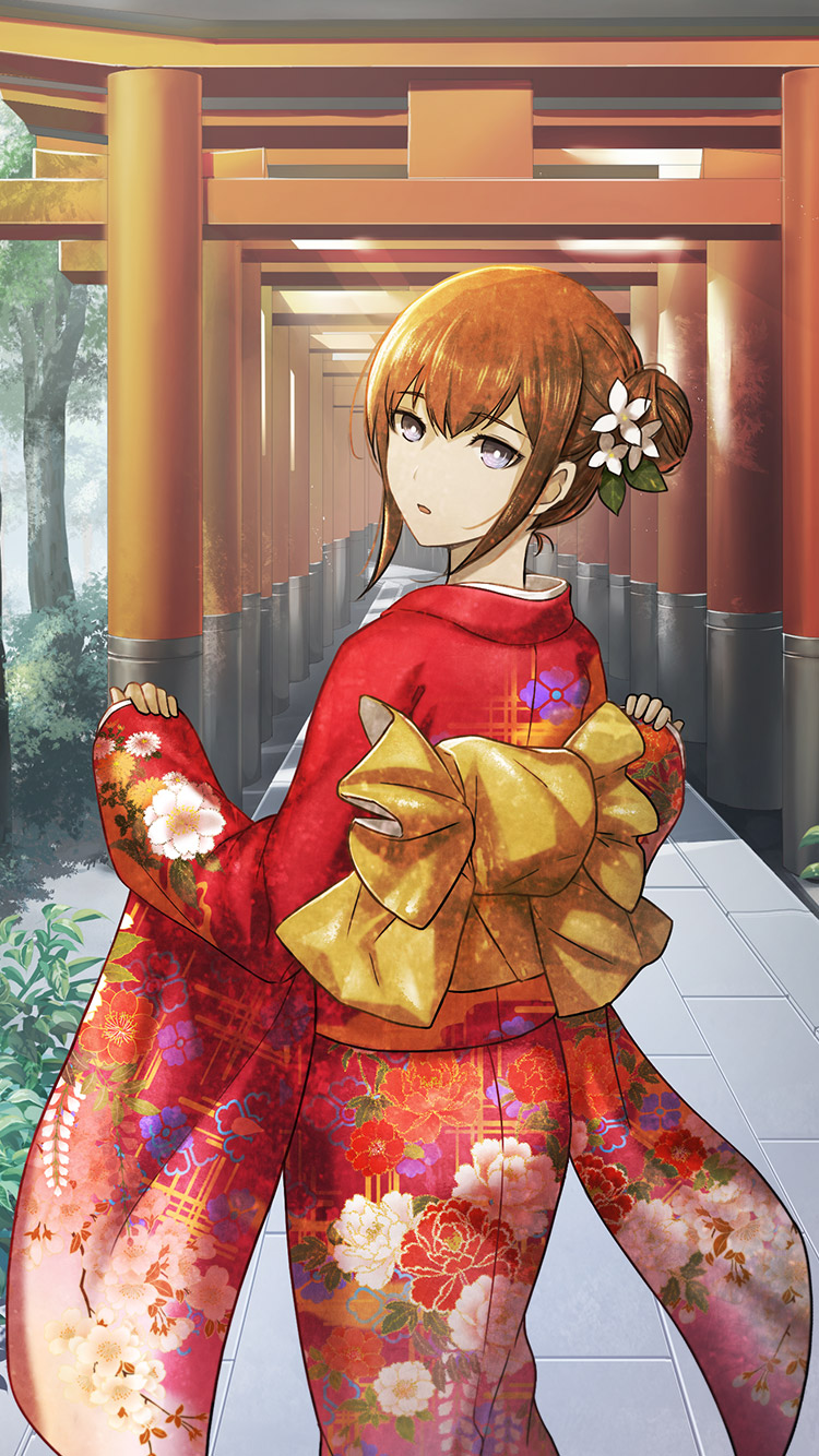 1girl archived_source blue_eyes brown_hair floral_print floral_print_kimono flower from_behind game_cg hair_between_eyes hair_bun hair_flower hair_ornament highres huke japanese_clothes kimono long_sleeves looking_at_viewer looking_back makise_kurisu multiple_torii obi official_alternate_costume official_alternate_hairstyle official_art outdoors parted_lips print_kimono red_kimono sash short_hair solo steins;gate third-party_source torii white_flower wide_sleeves yellow_sash