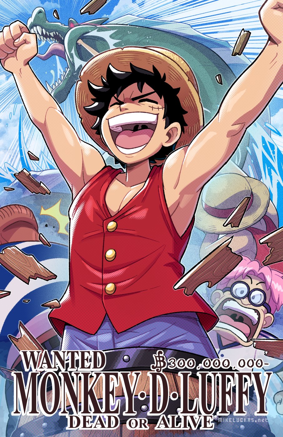 2boys ^_^ arms_up blue_shorts character_name clenched_hands closed_eyes commentary datskelebutt fish glasses hat highres koby_(one_piece) lord_of_the_coast mike_luckas monkey_d._luffy motion_lines multiple_boys multiple_views one_piece open_mouth pink_hair punching red_shirt scar scar_on_face shirt short_hair shorts sleeveless sleeveless_shirt straw_hat surprised wanted_poster