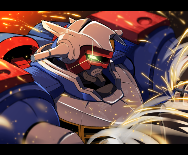 black_border border dendou gear_senshi_dendou glowing glowing_eye hawe_king mecha no_humans own_hands_together profile robot sparks spinning super_robot visor_lift
