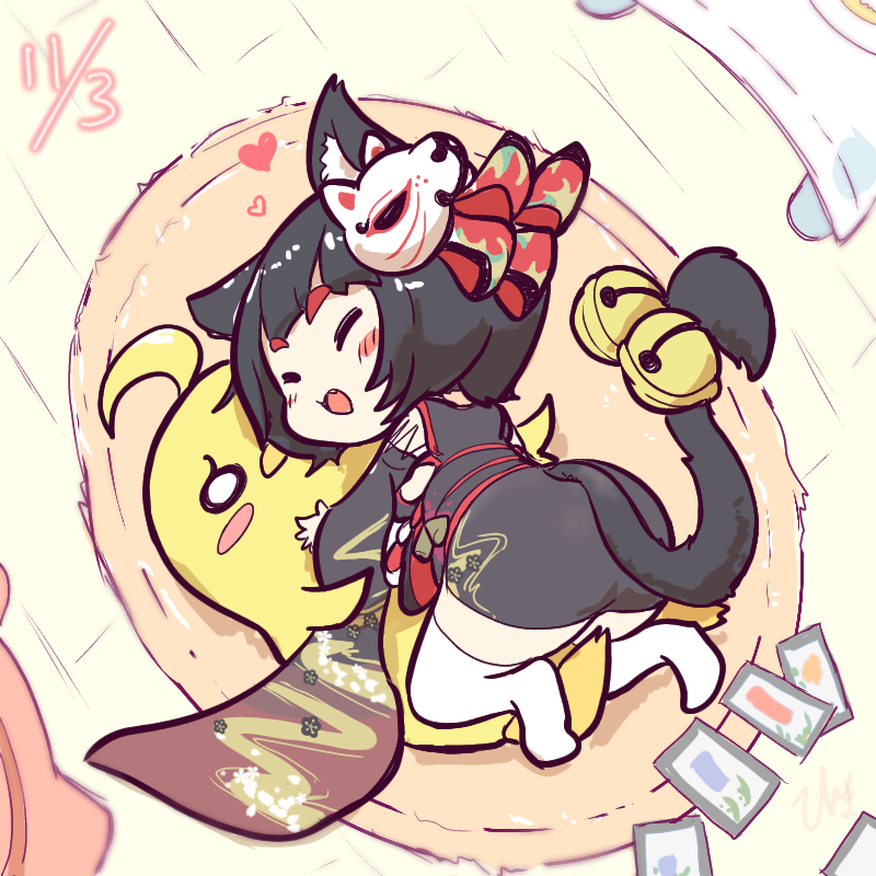 1girl :d animal_ear_fluff animal_ears azur_lane bell black_hair black_kimono black_sash black_tail blush_stickers closed_eyes commentary_request cross-laced_clothes cross-laced_sleeves dated full_body happy heart himajin_(fd_jin) hug japanese_clothes jingle_bell kimono long_sleeves lying manjuu_(azur_lane) mask mask_on_head mismatched_eyebrows no_nose obi on_floor open_mouth rug sash short_hair smile solo tail tail_bell tail_ornament thighhighs white_thighhighs wide_sleeves yamashiro_(azur_lane)