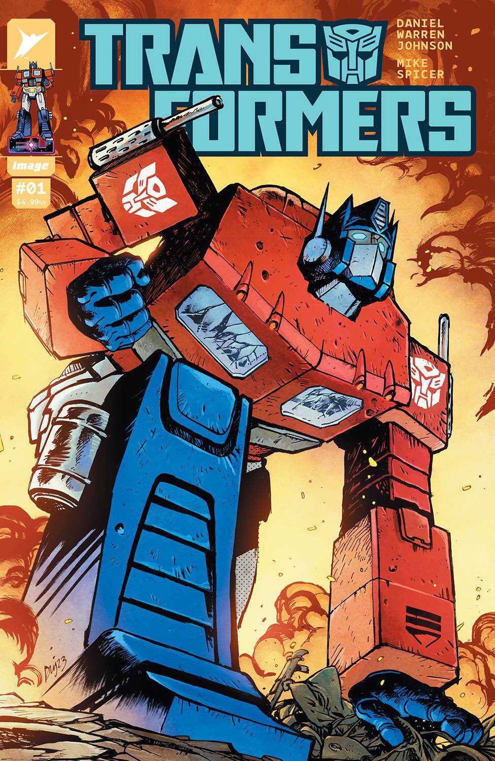 artist_name autobot clenched_hand comic_cover copyright_name crack cracked_glass daniel_warren_johnson highres mecha mike_spicer no_humans official_art optimus_prime robot science_fiction smoke solo transformers transformers_(skybound) western_comics_(style)