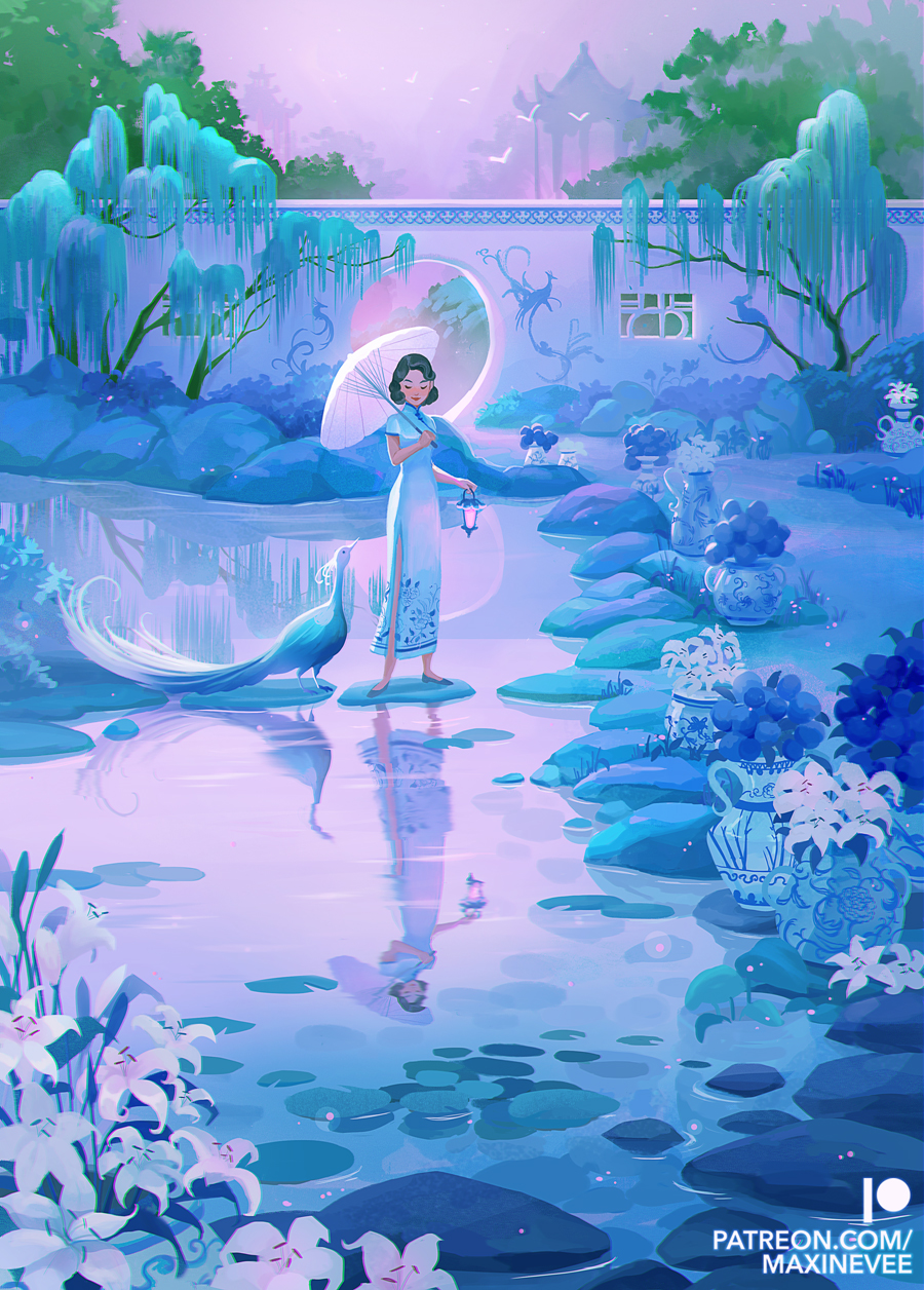 1girl architecture bird black_hair blue_dress blue_shoes blue_theme cattail commentary dress east_asian_architecture flower flower_pot fog foliage garden grass highres holding holding_lantern holding_umbrella lantern lily_(flower) lily_pad looking_at_reflection looking_down maxine_vee original outdoors patreon_logo patreon_username peahen pink_sky plant pond potted_plant reflection reflective_water shoes short_hair side_slit sky solo standing stepping_stones stone_wall tree umbrella white_flower white_umbrella willow