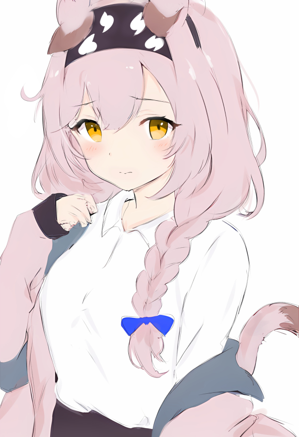 1girl animal_ears arknights black_hairband blush bow braid closed_mouth collared_shirt commentary cowboy_shot embarrassed goldenglow_(arknights) hair_bow hairband jacket long_hair long_sleeves looking_at_viewer off_shoulder pink_hair pink_jacket pink_tail purple_bow raifu_(rf) shirt simple_background solo standing tail unfinished white_background white_shirt yellow_eyes