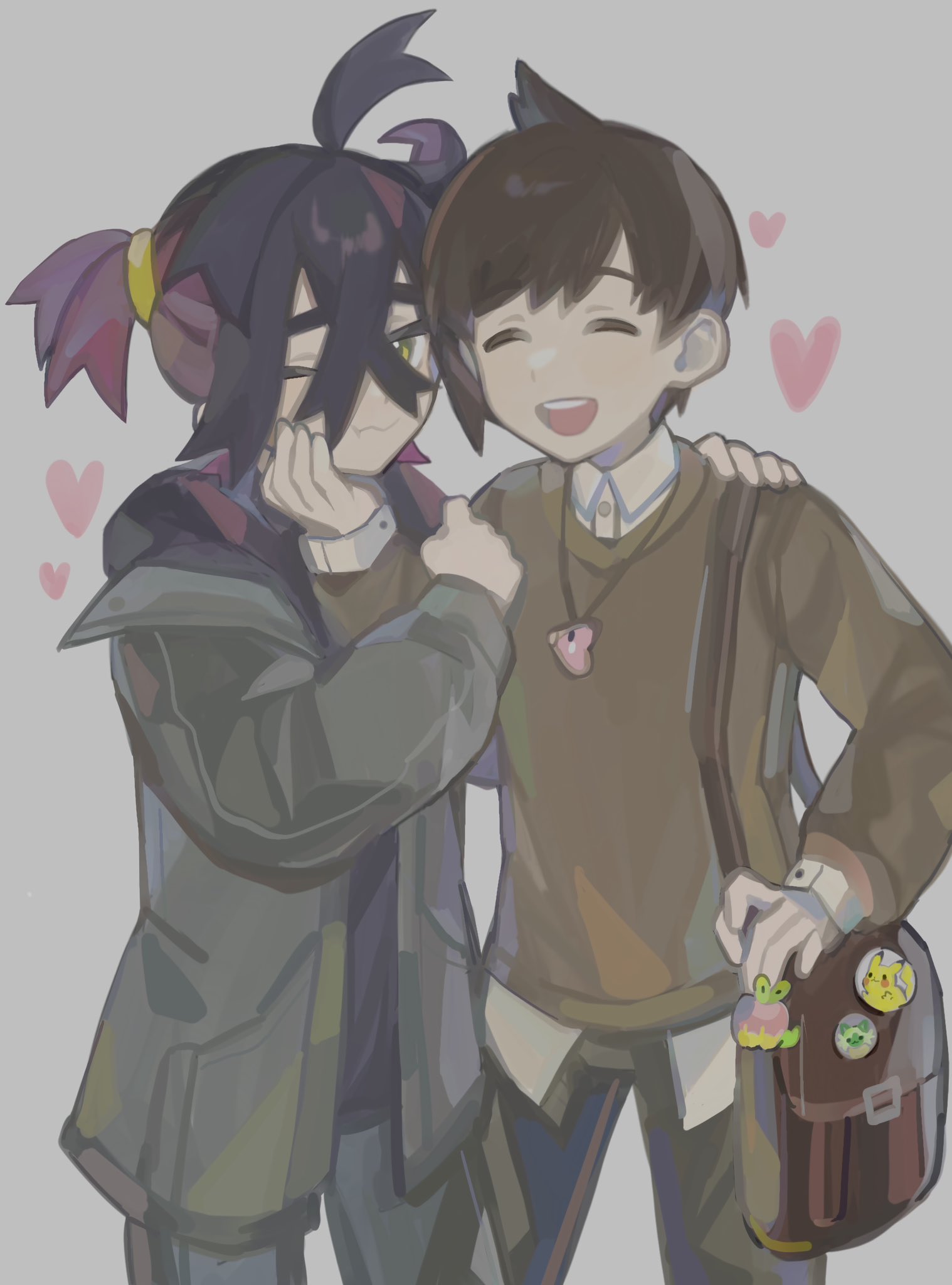 2boys alternate_costume alternate_hairstyle applin bag bag_charm black_hair charm_(object) closed_eyes collared_shirt crossed_bangs florian_(pokemon) gen_1_pokemon gen_3_pokemon gen_8_pokemon grey_background hand_on_another's_cheek hand_on_another's_face heart highres jacket jewelry kieran_(pokemon) long_sleeves luvdisc male_focus mih_nguynn multiple_boys necklace nintendo one_eye_closed open_mouth pants pikachu pokemon pokemon_sv purple_hair shirt simple_background sprigatito vietnamese_commentary wavy_mouth white_shirt yaoi yellow_eyes