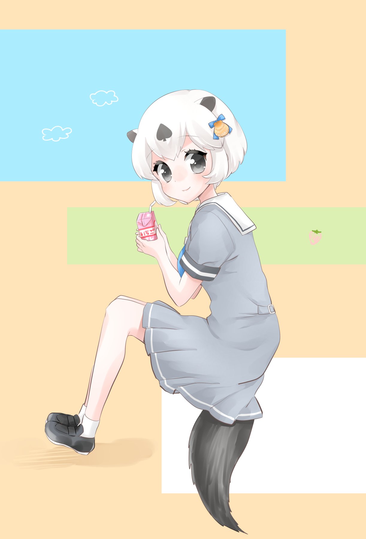 alternate_costume animal_ears black_eyes black_hair black_shoes blue_neckwear blush californian_sea_otter_(kemono_friends) commentary_request dress full_body grey_dress highres kemono_friends kuromitsu_(9633_kmfr) loafers looking_at_viewer multicolored_hair otter_ears otter_girl otter_tail pleated_dress sailor_collar sailor_dress school_uniform shell_hair_ornament shoes short_hair short_sleeves sitting smile socks solo strawberry_milk tail two-tone_hair white_hair white_socks