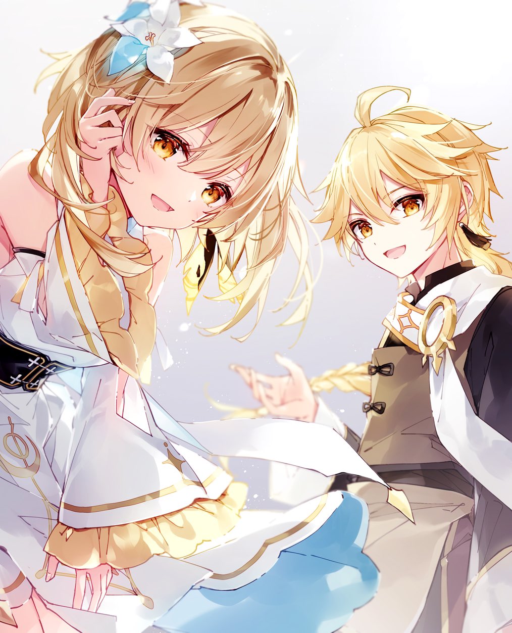 1boy 1girl :d aether_(genshin_impact) ahoge bare_shoulders black_shirt blonde_hair braid brother_and_sister brown_eyes commentary_request dress flower frilled_sleeves frills genshin_impact grey_background hair_between_eyes hair_flower hair_ornament hand_up highres long_hair long_sleeves lumine_(genshin_impact) mochizuki_shiina open_mouth shirt siblings single_braid sleeves_past_wrists smile very_long_hair white_dress white_flower white_sleeves wide_sleeves