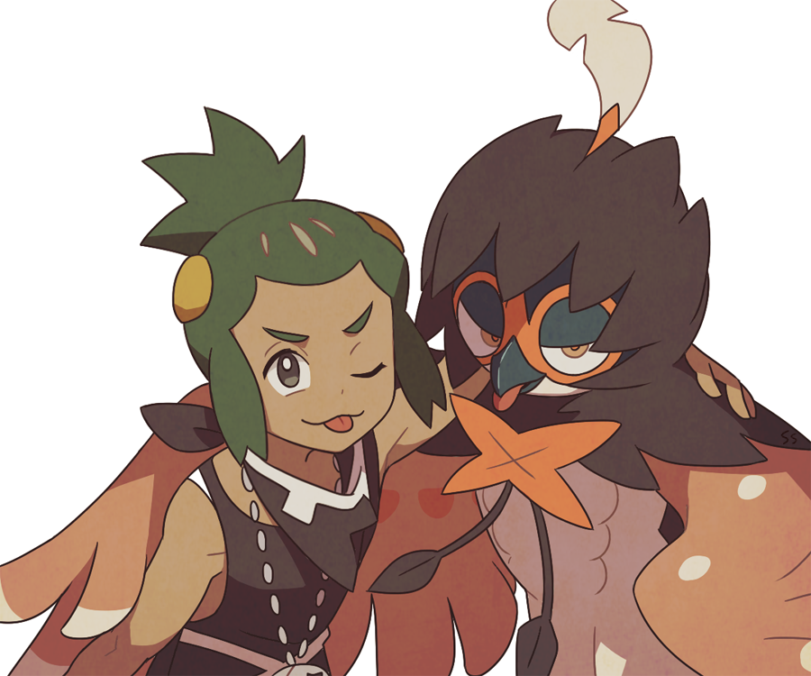 1boy alternate_color bare_arms closed_mouth commentary cosplay dark-skinned_male dark_skin decidueye gen_7_pokemon green_hair grey_eyes hau_(pokemon) jewelry looking_at_viewer male_focus necklace nintendo one_eye_closed pokemon pokemon_sm ponytail shirt short_ponytail simple_background sleeveless sleeveless_shirt smile ssalbulre team_skull_grunt team_skull_grunt_(cosplay) tongue tongue_out white_background