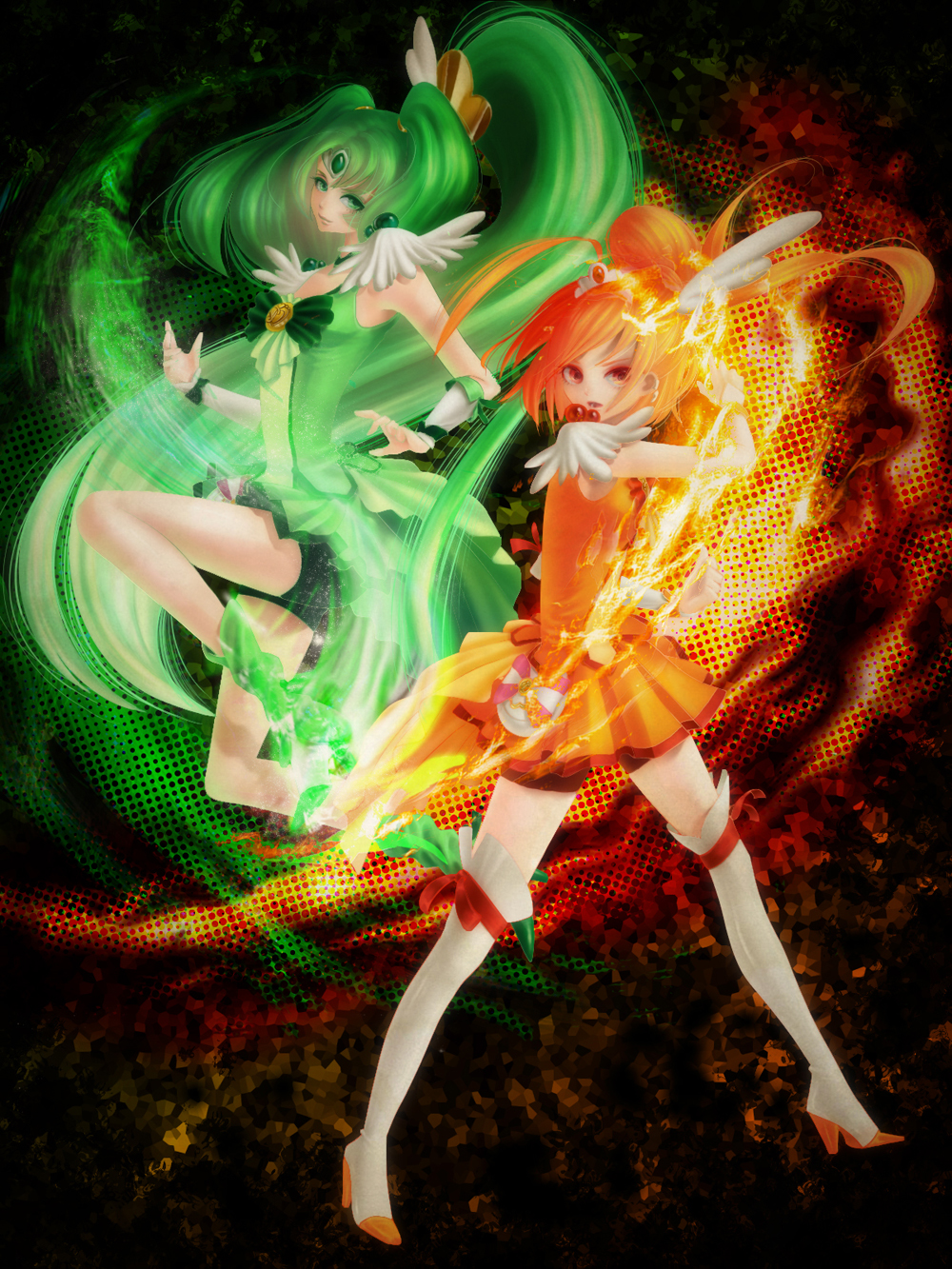 10s 2girls bike_shorts boots choker cure_march cure_sunny dress fire green_dress green_eyes green_hair green_shorts green_skirt hair_bun highres hino_akane_(smile_precure!) kyouko_(uptempo) long_hair magic magical_girl midorikawa_nao multiple_girls orange_eyes orange_hair orange_skirt ponytail precure red_shorts shorts shorts_under_skirt single_hair_bun skirt smile_pact smile_precure! thigh_boots thighhighs tiara tri_tails very_long_hair wind wrist_cuffs