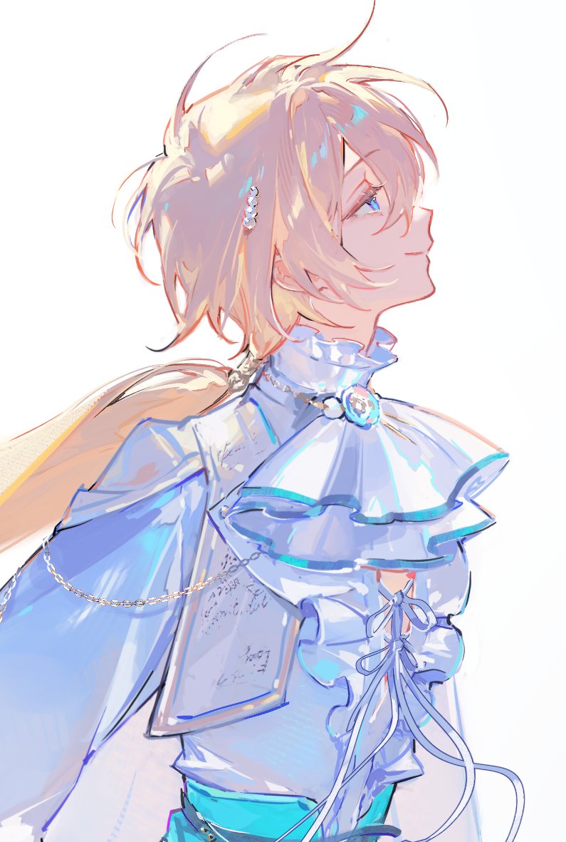 1boy ascot blonde_hair blue_eyes commission frills hair_ornament jewelry long_hair low_ponytail male_focus original ponytail profile renjian_shilian simple_background smile solo upper_body white_ascot white_background