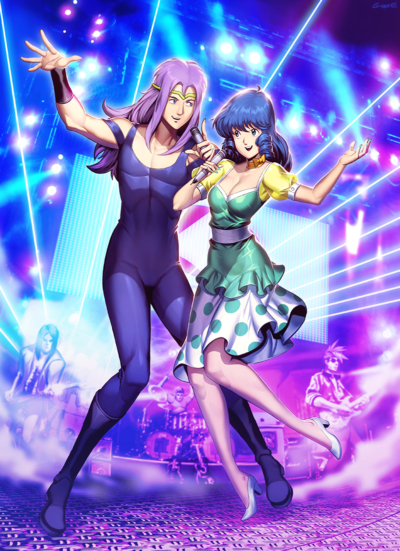 1girl 4boys arm_guards bandana black_hair bodysuit choujikuu_yousai_macross concert crossover dress duet fog genzoman headband kikou_souseiki_mospeada laser long_hair lynn_minmay macross macross:_do_you_remember_love? microphone multiple_boys music purple_hair retro_artstyle robotech rock_band science_fiction singing skirt songstress yellow_belmont