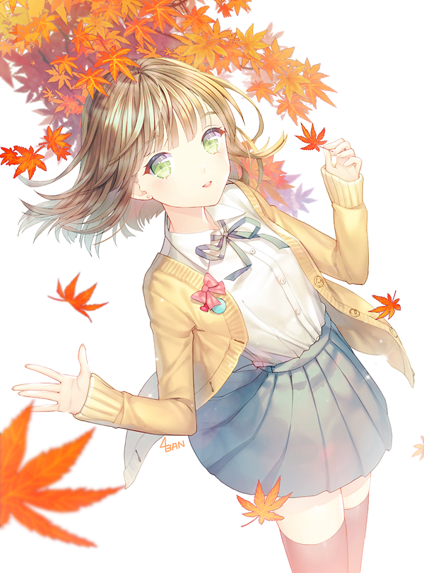 1girl autumn autumn_leaves badge black_thighhighs blue_ribbon blue_skirt bow brown_hair button_badge buttons cardigan collared_shirt cowboy_shot dress_shirt earrings female_focus green_eyes hands_up heart holding holding_leaf jewelry leaf long_sleeves looking_at_viewer maple_leaf neck_ribbon open_cardigan open_clothes open_m/ original parted_lips pleated_skirt red_bow ribbon saban shirt short_hair simple_background skirt solo teeth text_focus thighhighs white_background white_shirt wind zettai_ryouiki