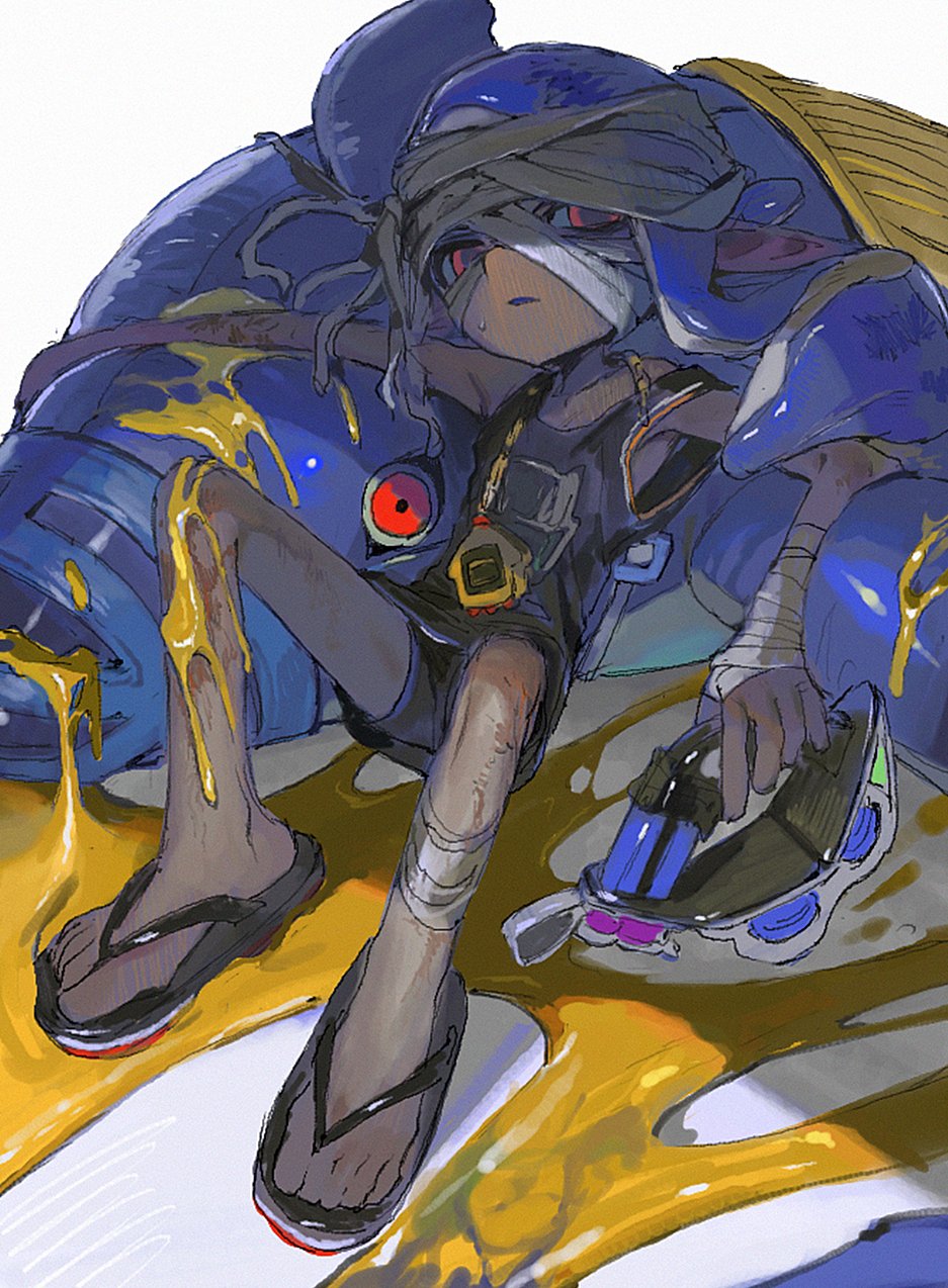 bandages bike_shorts blue_hair flip-flops highres holding holding_weapon inkling inkling_girl inkling_player_character long_hair magidevilabo nintendo paint_splatter pointy_ears reefslider_(splatoon) sandals simple_background splatoon_(series) splatoon_3 tentacle_hair tetra_dualies_(splatoon) weapon white_background