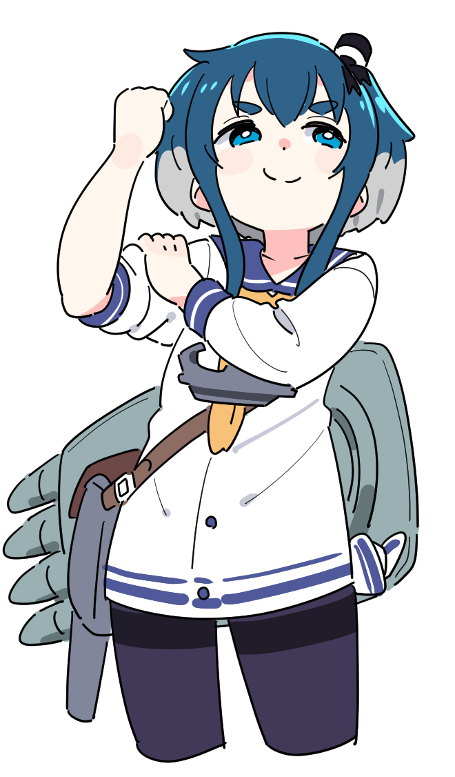1girl blue_eyes blue_hair blue_sailor_collar bras_d&#039;honneur clenched_hand cropped_legs dress hair_between_eyes hand_on_own_arm hand_up kantai_collection legs_apart looking_to_the_side multicolored_hair neckerchief pantyhose rigging sailor_collar sailor_dress short_twintails simple_background sleeve_rolled_up smile solo split_mouth tareme tokitsukaze_(kancolle) tonmoh twintails white_background white_dress yellow_neckerchief