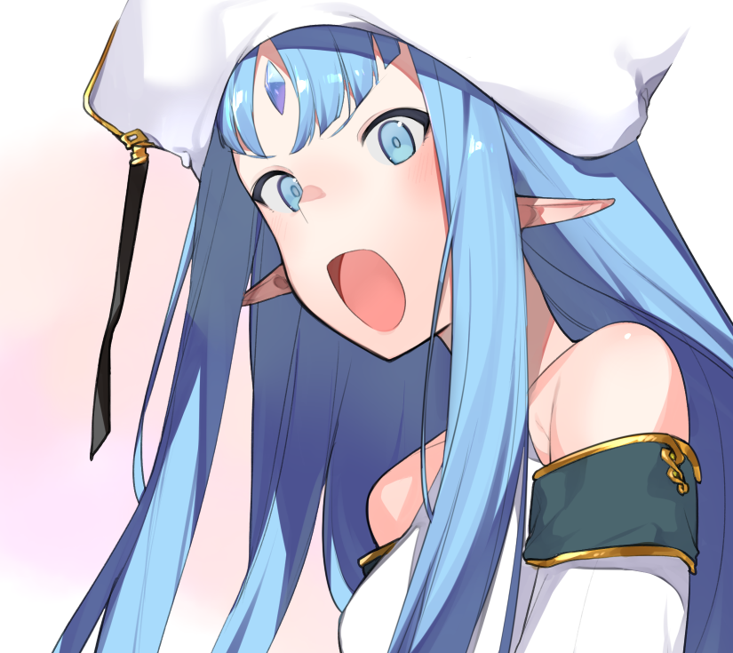1girl angry bare_shoulders blue_eyes blue_hair blush forehead_jewel gradient_background hat kalar_(race) long_hair looking_at_viewer open_mouth pastel_kalar pointy_ears rance_(series) rance_quest shikosour simple_background solo