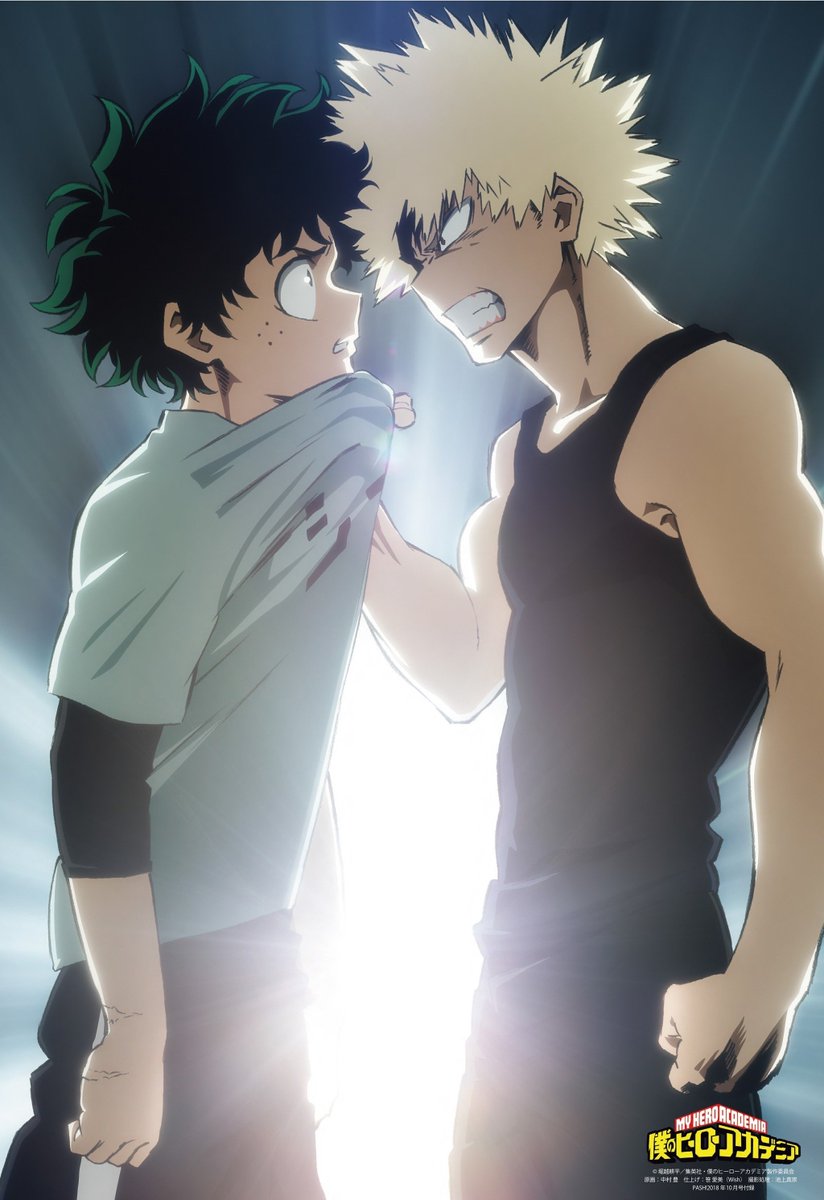 2boys angry bakugou_katsuki bare_arms bare_shoulders black_legwear black_pants black_tank_top blonde_hair blue_shirt boku_no_hero_academia clenched_teeth clothes_pull collarbone copyright_name curly_hair eye_contact eyebrows freckles furrowed_brow green_hair highres looking_at_another male_focus midoriya_izuku multiple_boys nakamura_yutaka official_art pale_skin pants scar shirt shirt_pull short_hair short_sleeves sleeveless spiked_hair sunlight tank_top teeth toned