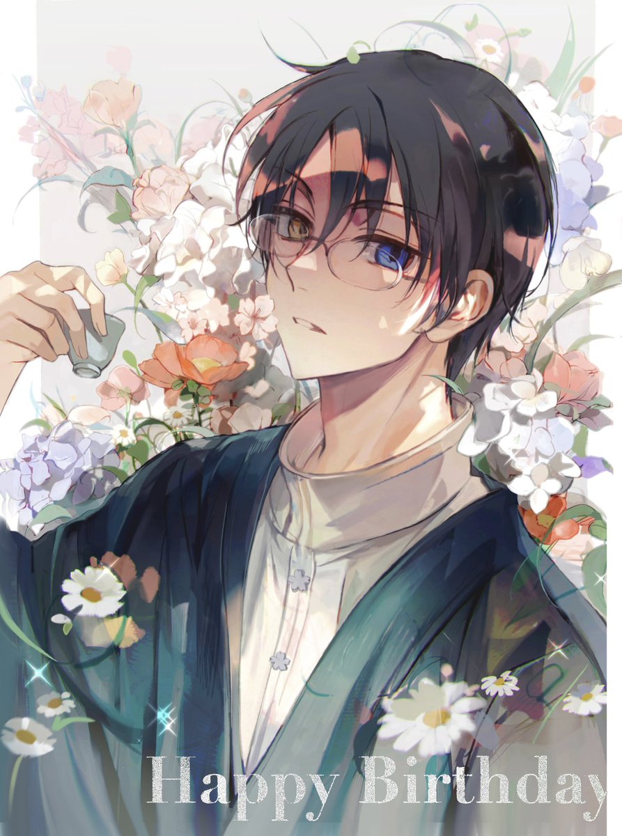1boy arm_up bishounen blue_kimono border brown_hair buttons choko_(cup) collared_shirt commentary cup english_commentary english_text flower glasses hair_behind_ear happy_birthday hashtag-only_commentary heterochromia highres holding holding_cup japanese_clothes kimono layered_clothes leaf looking_at_viewer male_focus parted_lips partially_shaded_face plant red_flower rimless_eyewear shirt shusuzu solo sparkle upper_body watanuki_kimihiro white_border white_flower white_shirt xxxholic