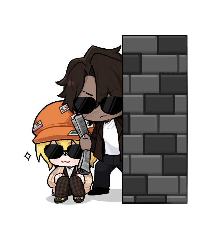 1boy 1girl 8ight blonde_hair brown_cardigan brown_hair brown_jacket brown_pants cardigan chibi closed_mouth don_quixote_(project_moon) full_body hat heathcliff_(project_moon) holding holding_newspaper jacket lapels limbus_company newsboy_cap newspaper notched_lapels orange_hat pants parted_bangs plaid_clothes plaid_pants project_moon rolled_up_newspaper shirt short_hair simple_background sunglasses white_background white_shirt zwei_association_(identity)_(project_moon) zwei_association_south_uniform