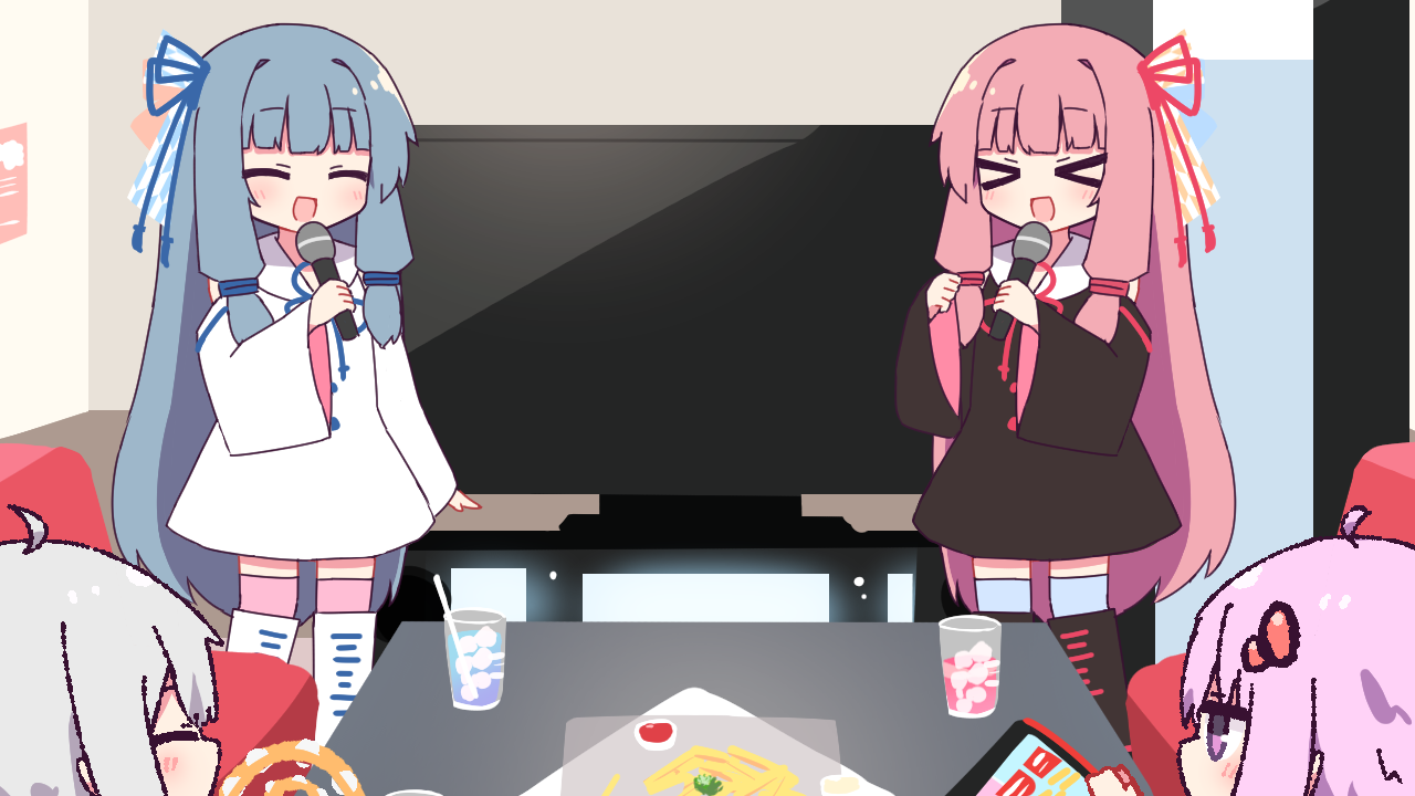 >_< 4girls :d ^_^ ahoge bare_shoulders black_dress black_footwear black_sleeves blue_hair blue_ribbon blue_thighhighs blunt_bangs blush closed_eyes commentary cup dated_commentary dress drink drinking_straw food french_fries grey_hair hair_ornament hair_ribbon hand_up hands_up hibino_000 holding holding_microphone ice ice_cube ketchup kizuna_akari kotonoha_akane kotonoha_aoi long_hair microphone multiple_girls open_mouth over-kneehighs pink_hair pink_thighhighs purple_eyes red_ribbon ribbon sailor_collar shoes short_dress sidelocks sleeveless sleeveless_dress smile television thighhighs vocaloid voiceroid white_dress white_footwear white_sailor_collar white_sleeves wide_sleeves xd yuzuki_yukari