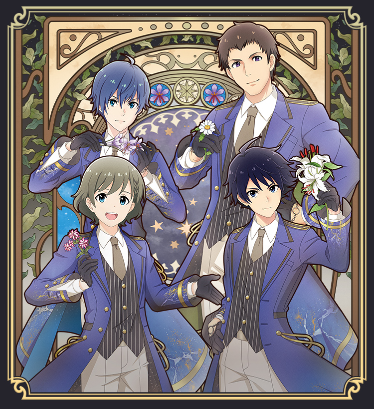 4boys ahoge amamine_shu black_gloves black_necktie blue_eyes blue_hair braid brown_hair closed_mouth collared_shirt flower formal_clothes gloves green_hair grey_pants hair_between_eyes holding holding_flower idolmaster idolmaster_side-m long_sleeves looking_at_viewer male_focus multiple_boys necktie official_art open_mouth pants purple_eyes shingen_seiji shirt short_hair smile star_(symbol) striped_clothes striped_shirt taiga_takeru teeth undershirt upper_teeth_only uzuki_makio white_shirt