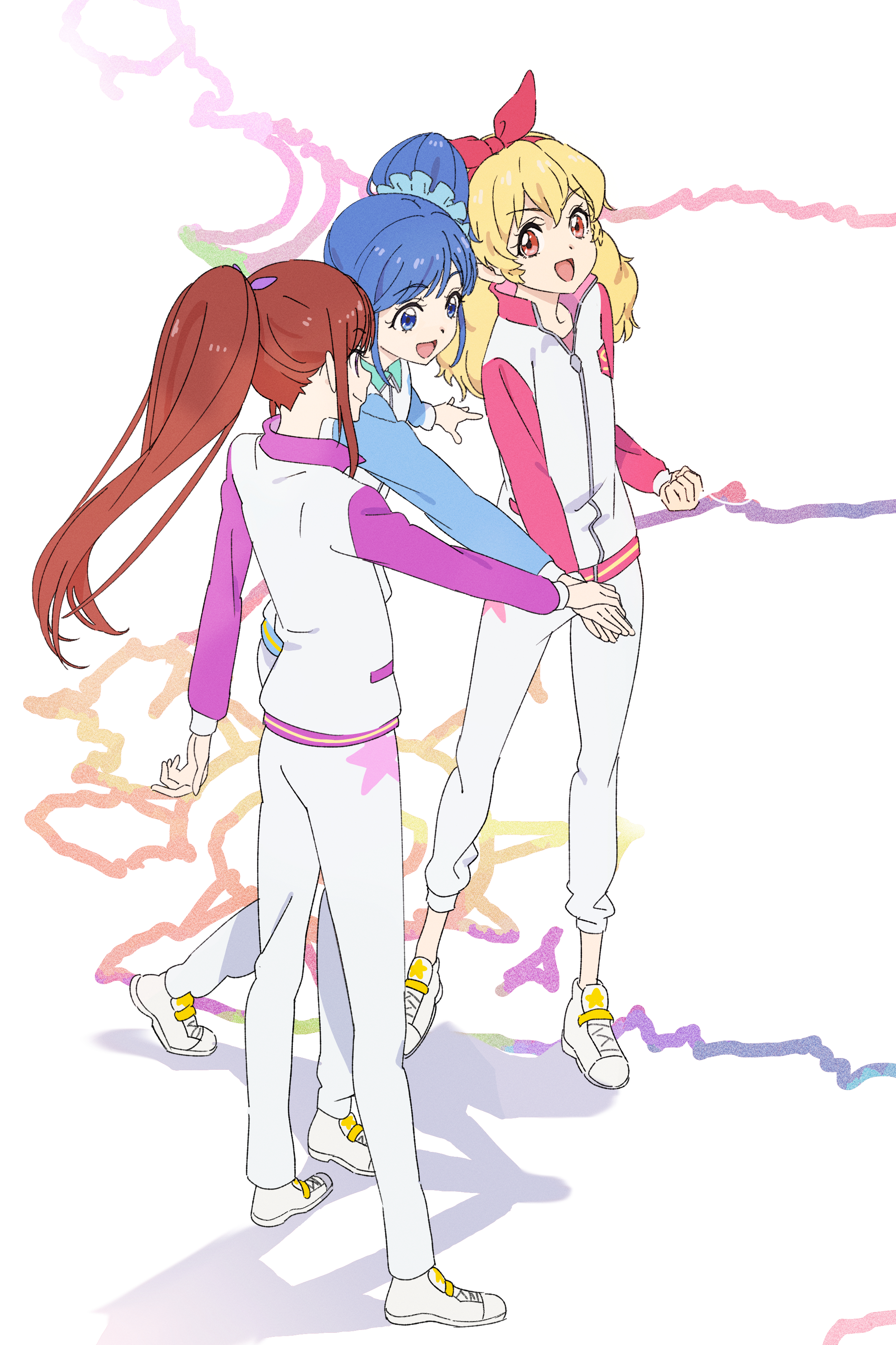 3girls :d absurdres aikatsu! aikatsu!_(series) blonde_hair blue_eyes blue_hair blue_scrunchie bow bow_hairband brown_hair clenched_hand dot_nose hair_bow hair_ornament hair_scrunchie hairband hand_on_another's_hand highres hoshimiya_ichigo kiriya_aoi legs_apart long_hair long_sleeves medium_hair multiple_girls open_mouth pants ponytail purple_eyes red_bow red_eyes red_hairband saitou_atsushi_(kamatamanankotu) scrunchie shibuki_ran shirt side_ponytail sidelocks smile sportswear standing straight_hair v-shaped_eyebrows white_footwear white_pants white_shirt