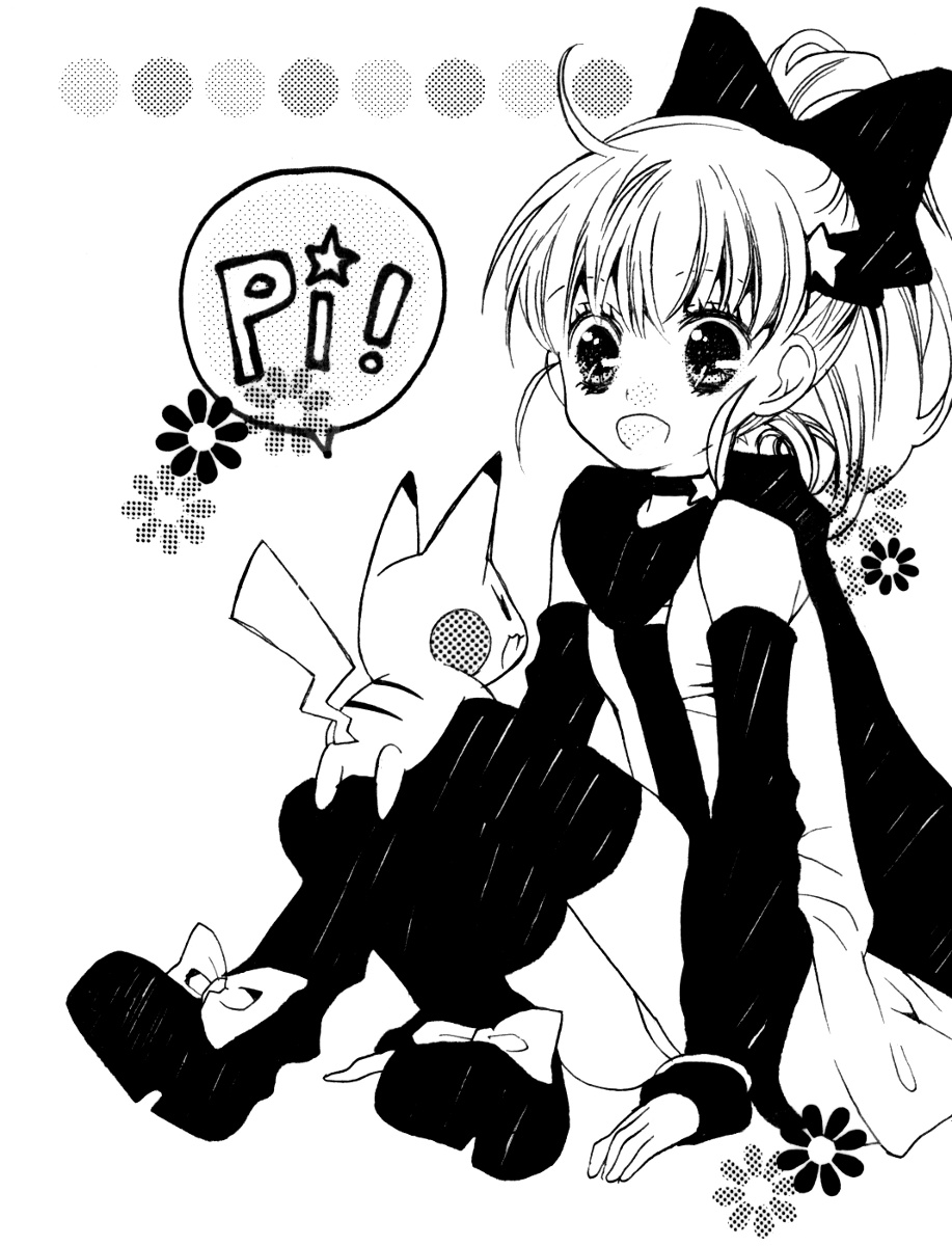 bow choker flower gen_1_pokemon greyscale hair_bow hazel_(pokemon) highres magical_pokemon_journey monochrome nintendo open_mouth panties pikachu pokemon pokemon_(creature) ponytail sitting speech_bubble spoken_star star_(symbol) underwear upskirt yucke_(artist)